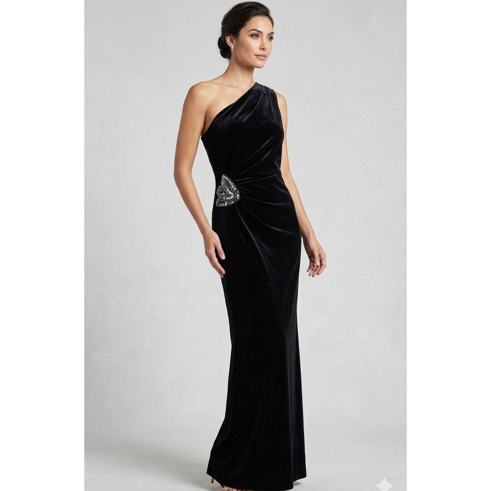 Xscape Evenings Women’s Velvet One Shoulder Embellished Formal Dress Black